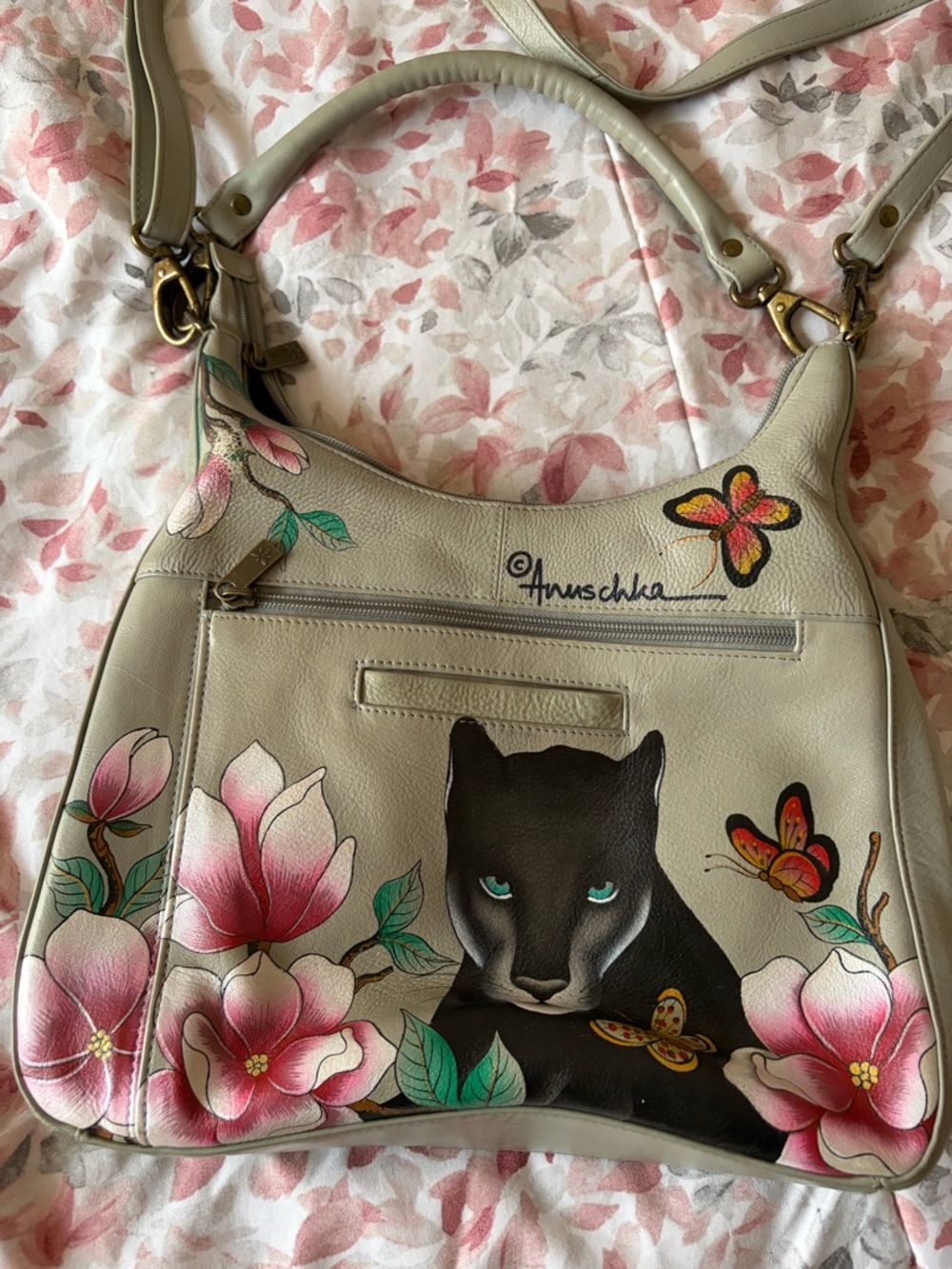 Anuschka Gray Shoulder Bag with Black Panther and Pink Floral Art - Picture 3 of 5